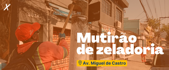 A imagem mostra trabalhador removendo propaganda irregular de poste